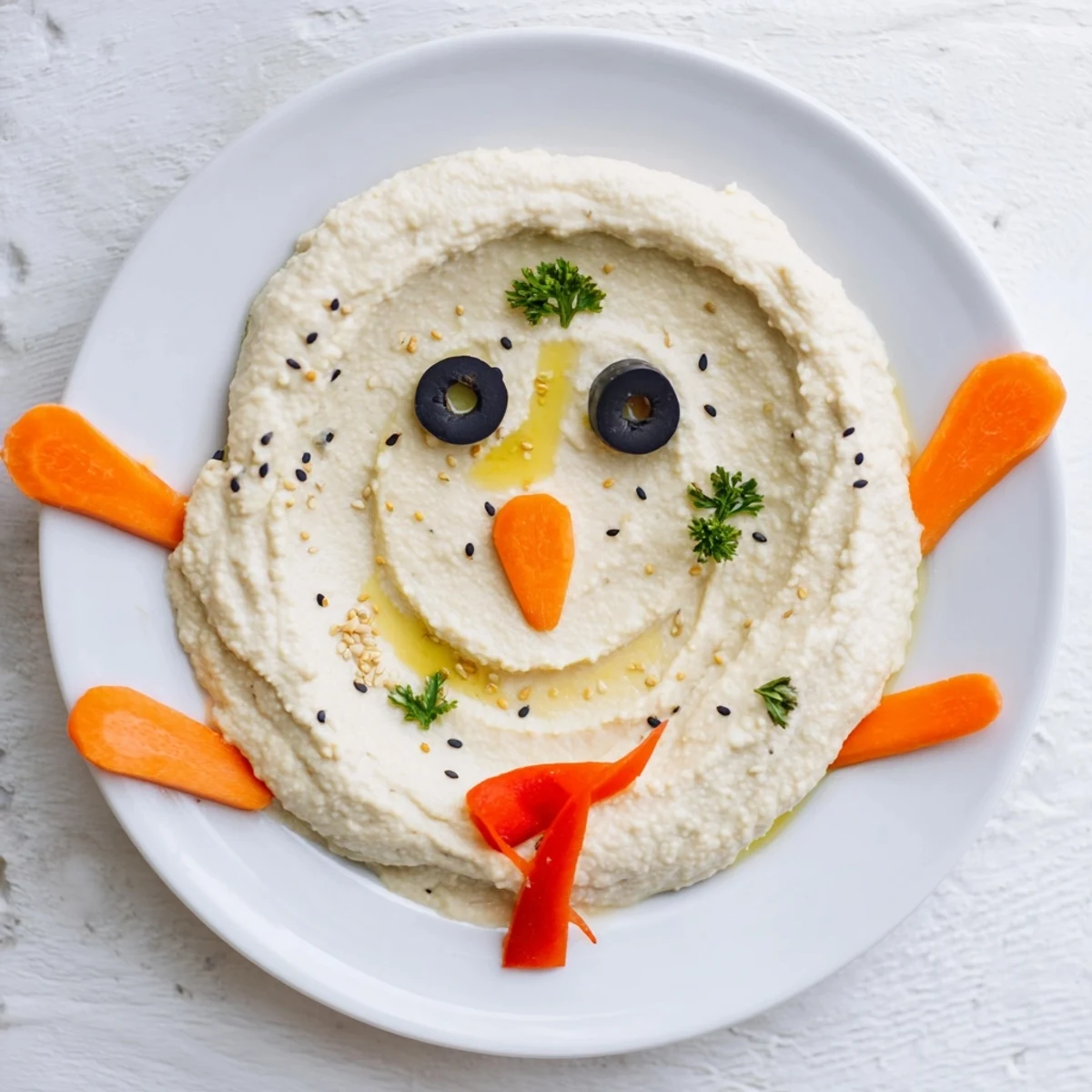 Playful Melted Snowman Hummus Platter boasts a whimsical design with vibrant bell pepper and carrot details.