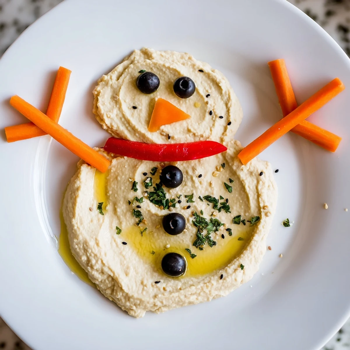 The creamy, textured Melted Snowman Hummus Platter, a delightful winter dip with veggie dippers nearby.