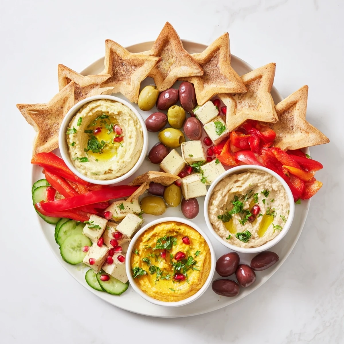 Golden-brown Three Kings Star Pita Board, perfect for sharing! Includes colorful dips and vibrant vegetables.