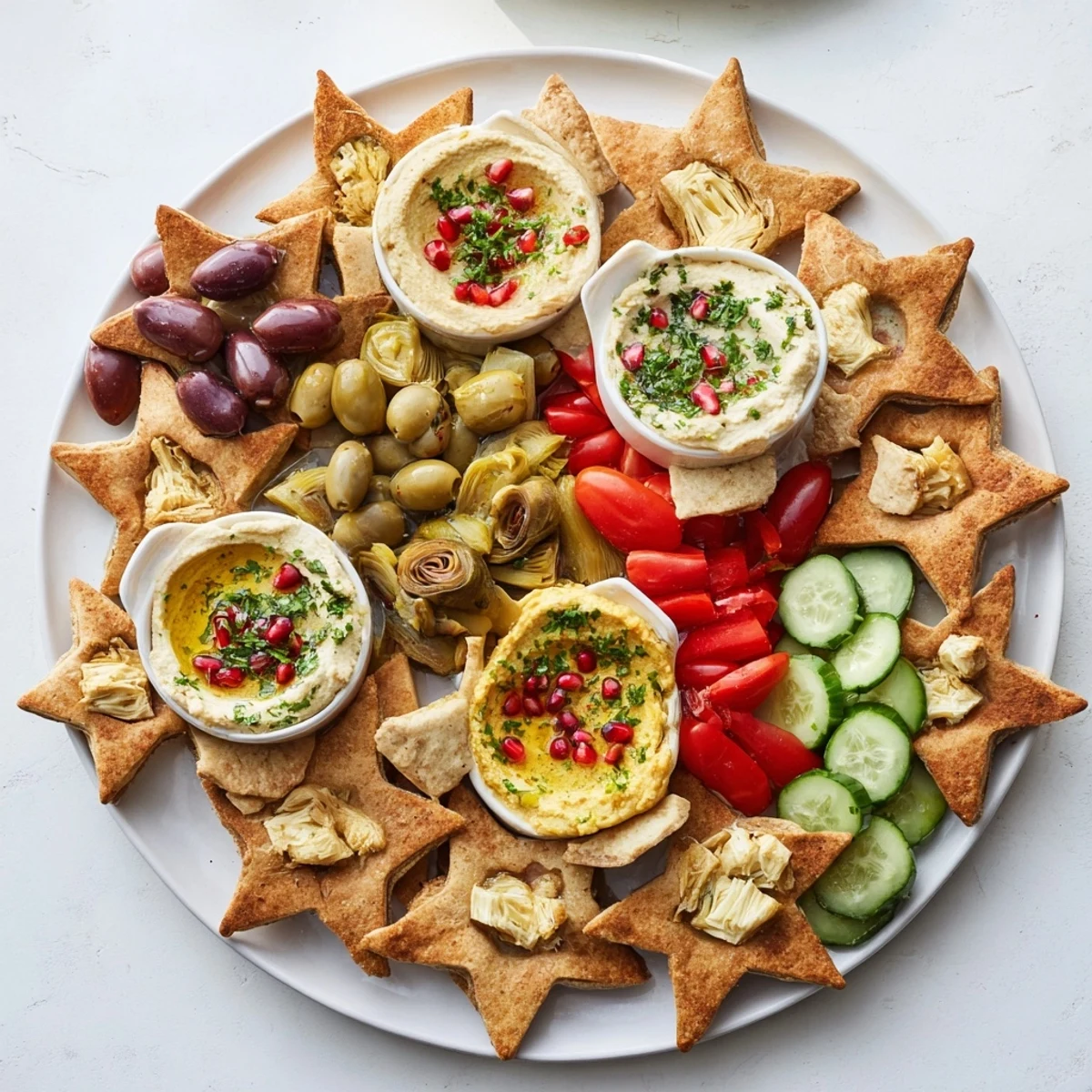 A beautifully arranged Three Kings Star Pita Board, featuring crispy pita stars, creamy hummus, and fresh herbs.