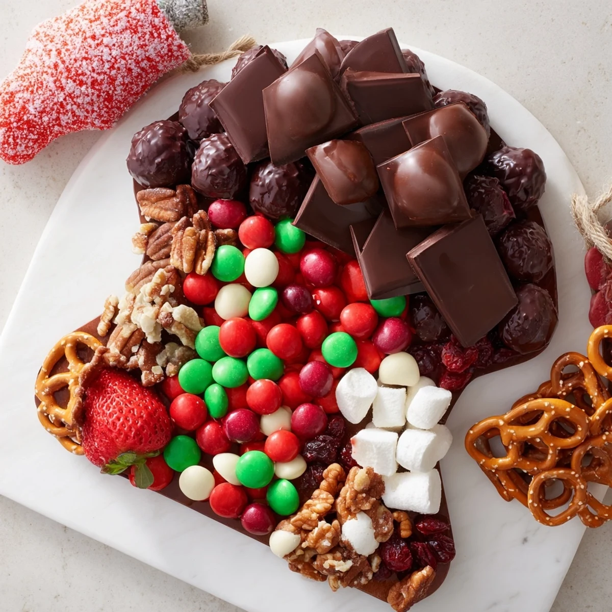 A delightful Cozy Mitten Dessert Board brimming with festive candies, perfect for holiday gatherings and sweet cravings.