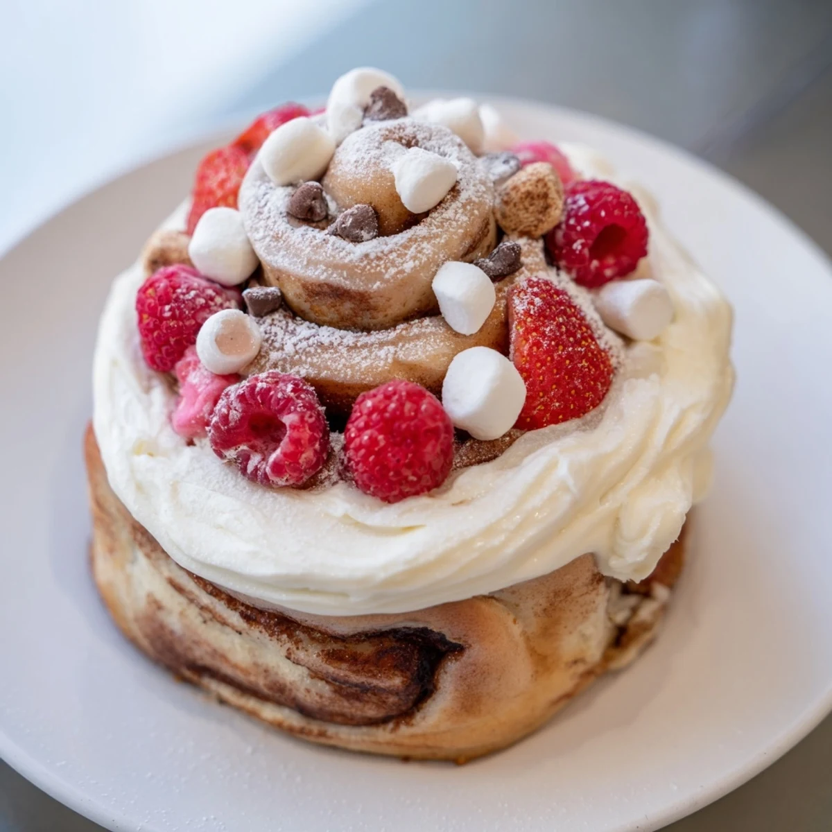 Warm, frosted North Pole Cinnamon Roll Board arranged with red berries and mint sprigs for a festive breakfast.