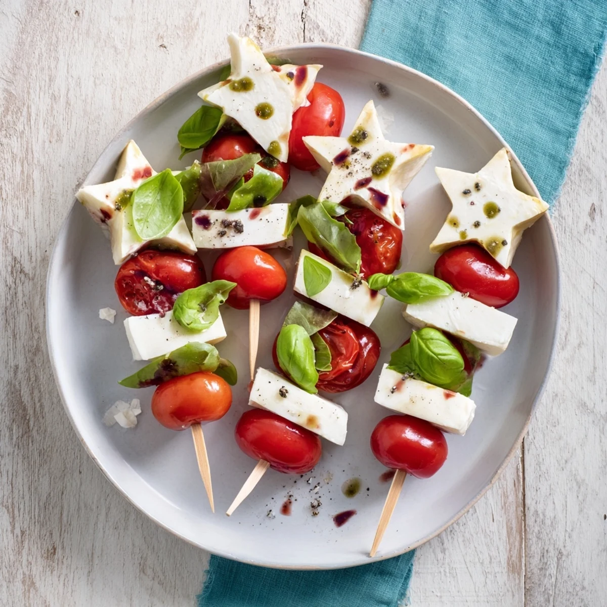 Fresh and flavorful Savory star-shaped Caprese skewers showcase juicy tomatoes and creamy cheese, perfect for serving.