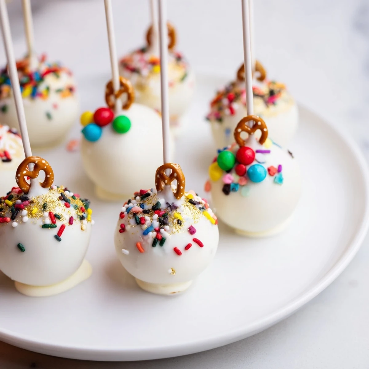 Delicious Ornament Ball Cake Pops, a delicious visually stunning treat decorated with sprinkles for any holiday event.