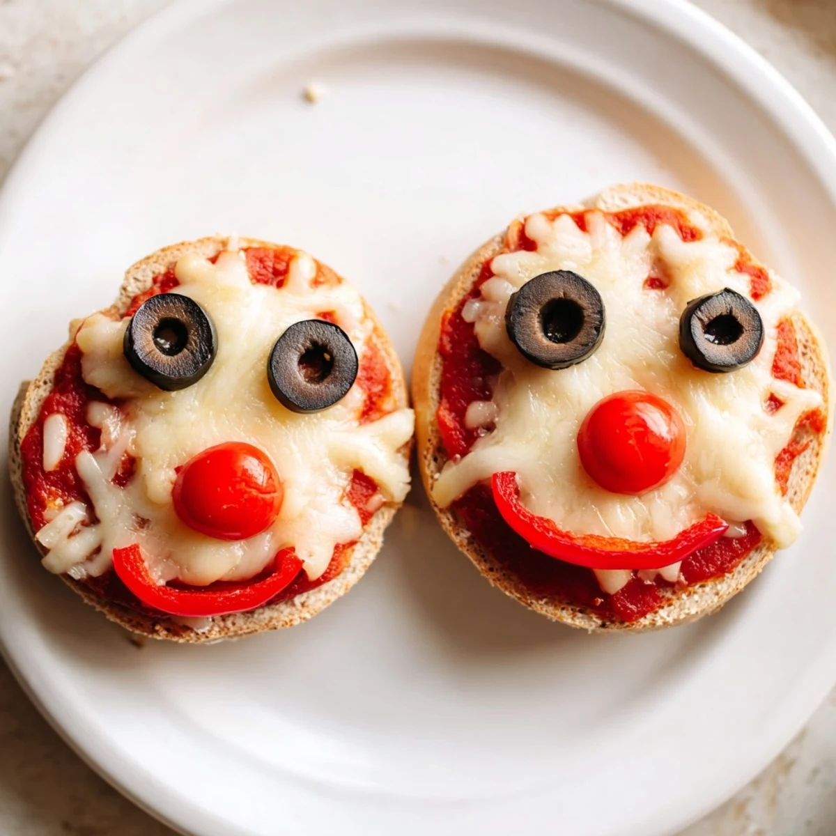Festive Reindeer Face Pizza Bagels feature melted cheese and red noses, perfect for a fun holiday meal.