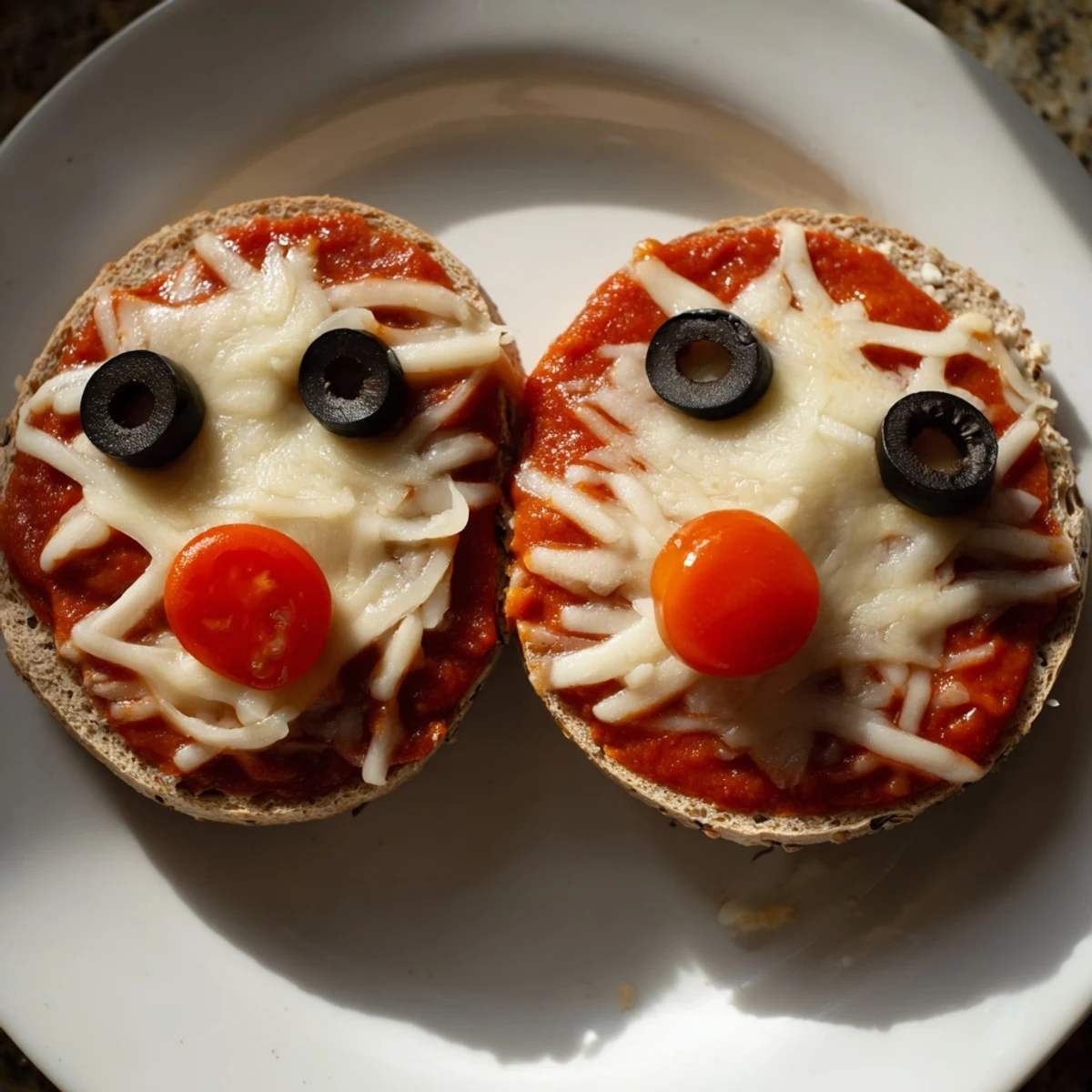 Crispy bagel halves topped with pizza sauce, cheese and reindeer faces. Enjoy these pizza bagels.