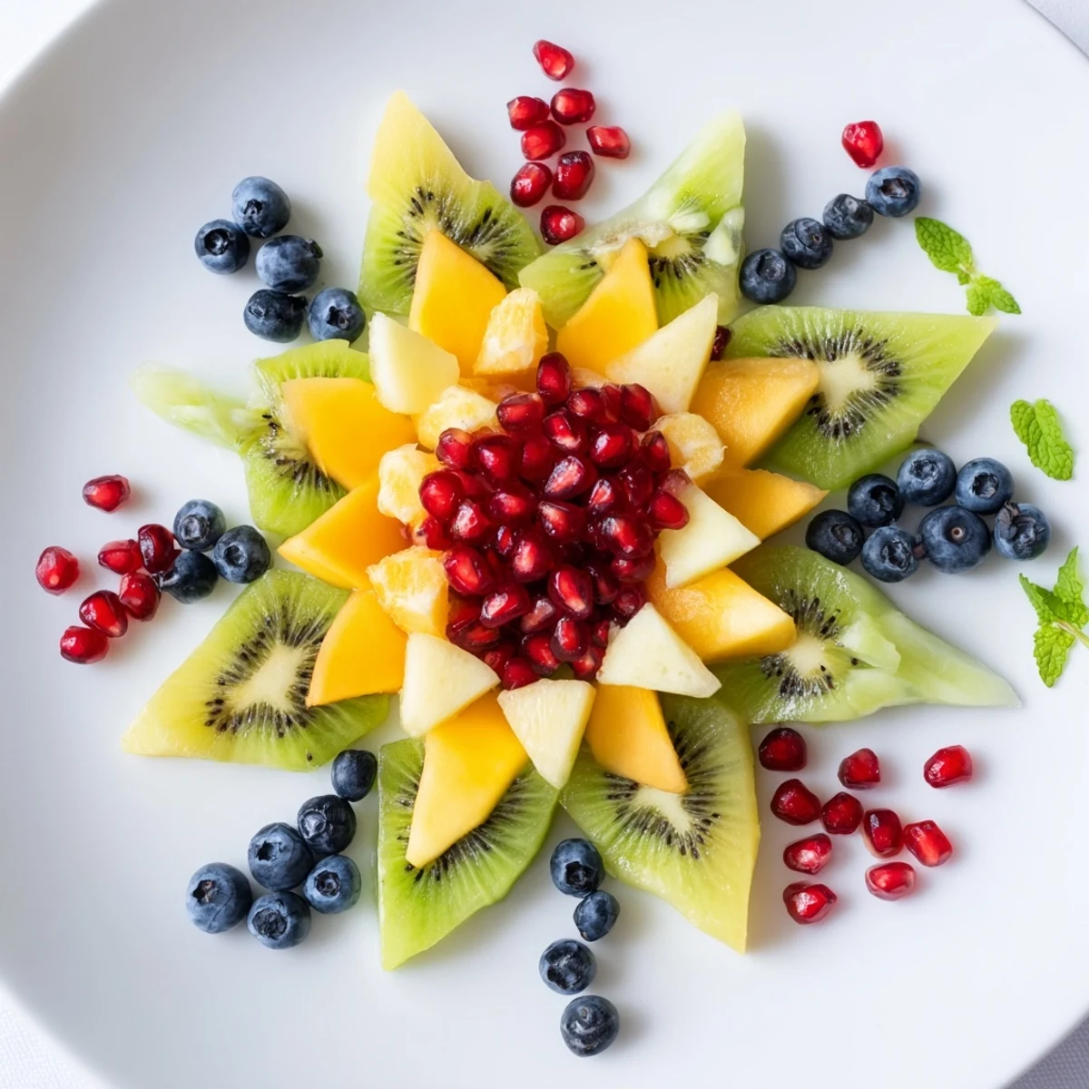 Pomegranate and Mint Star Fruit Platter: a colorful array of fresh fruit, glistening pomegranate seeds a vibrant centerpiece.