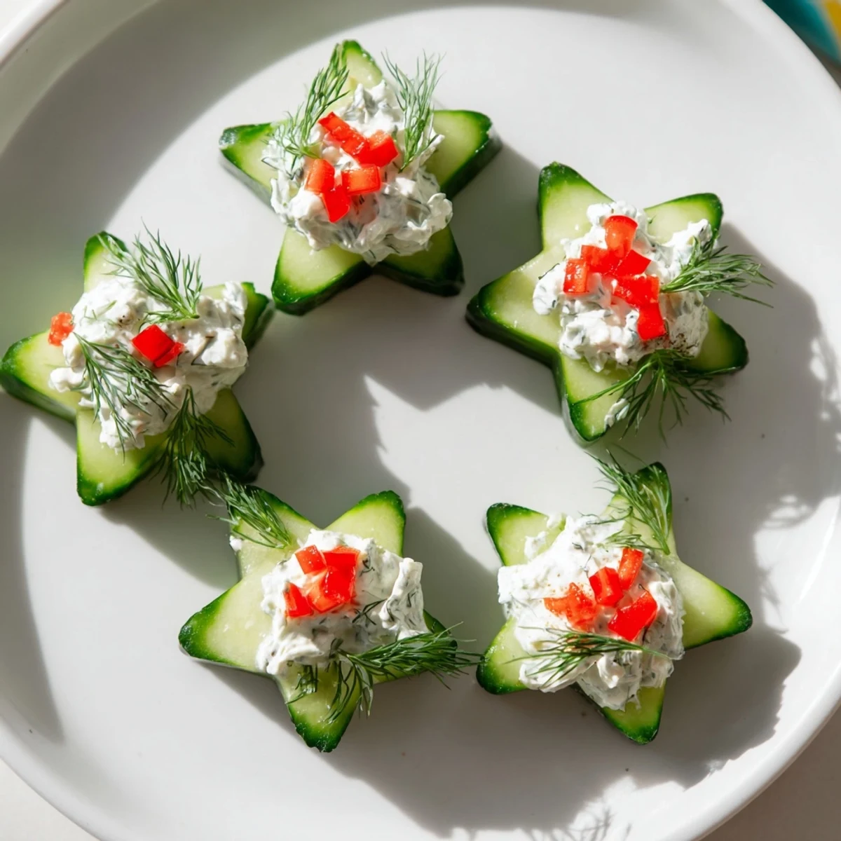 Festive Cucumber and Dill Christmas Stars appetizer, beautifully decorated cheese piped onto crisp cucumber stars.
