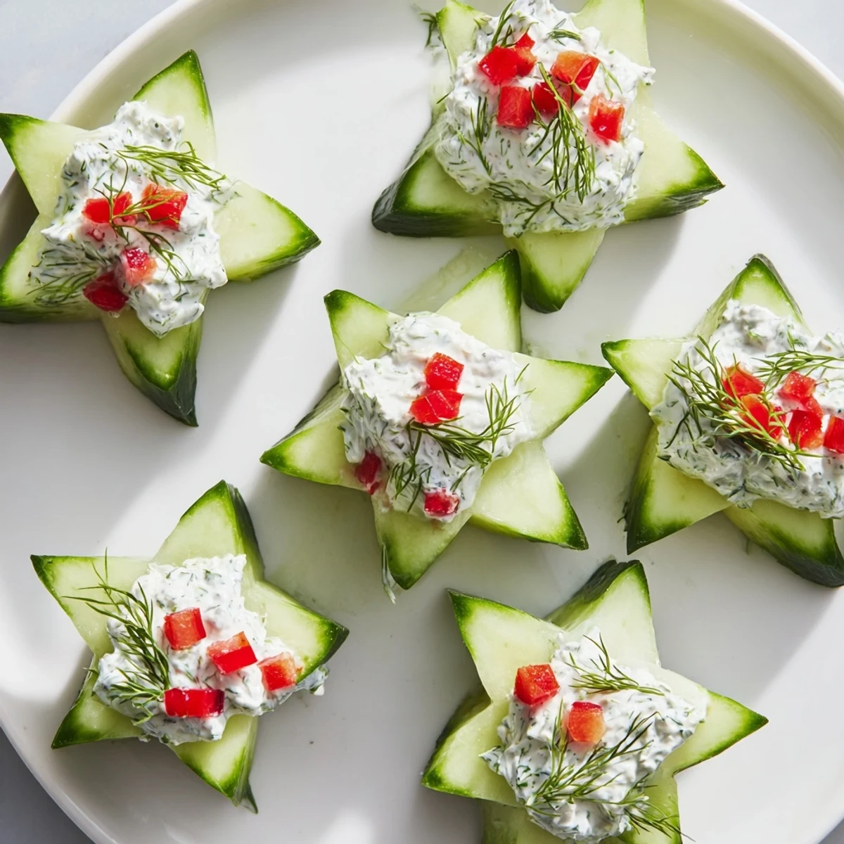 Holiday appetizer: Creamy cheese topping bright green Cucumber and Dill Christmas Stars, glistening and savory.