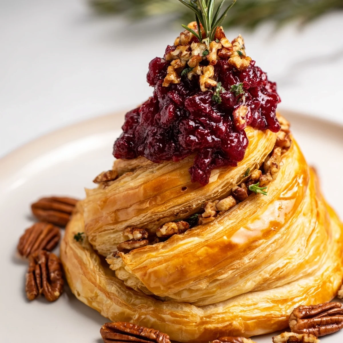Golden brown Brie en Croûte Pine Tree, oozing melted cheese with sweet cranberry filling, ready to serve.
