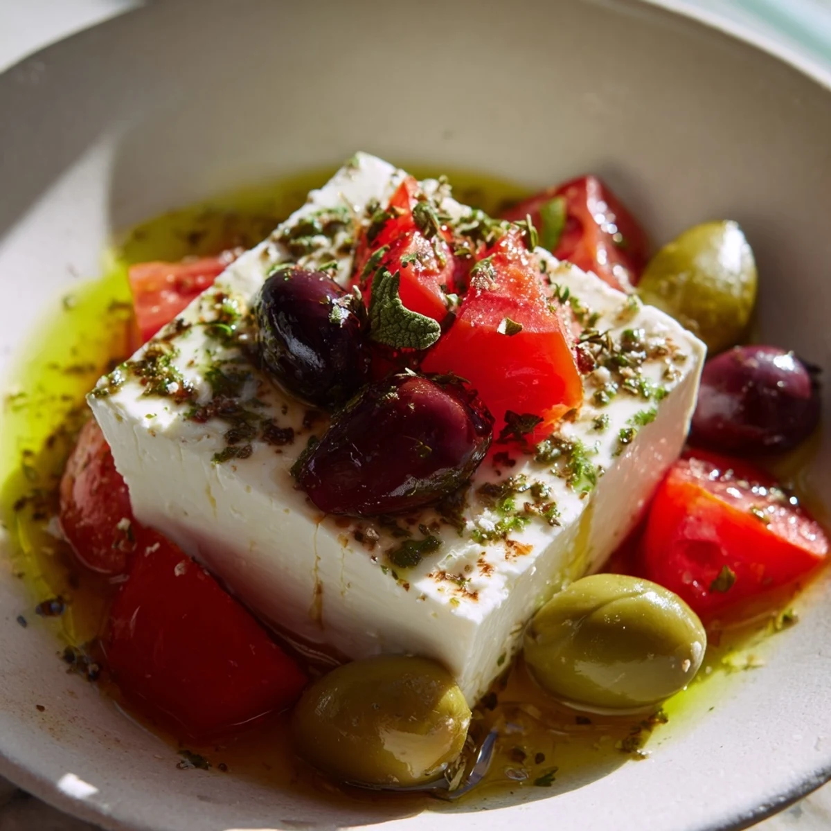 Close-up of freshly made Holiday Cheers Olive and Feta Skewers, drizzled with olive oil and seasoned with pepper.