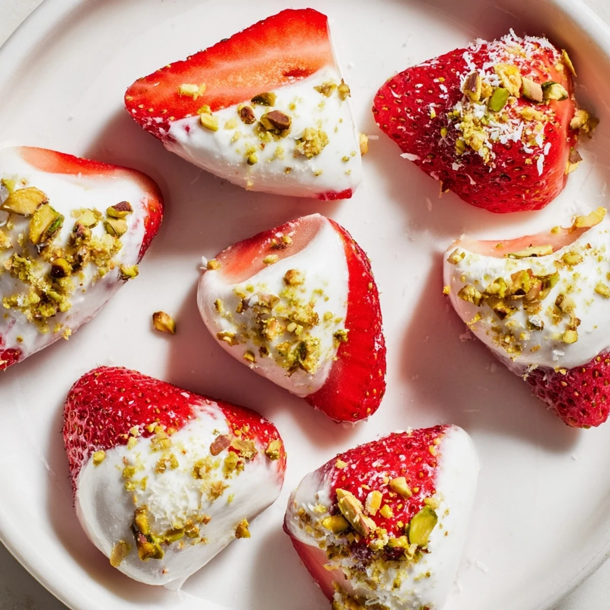 Frozen Yogurt Dipped Strawberry Half-Circles, a simple, delicious, and healthy snack with a bite.