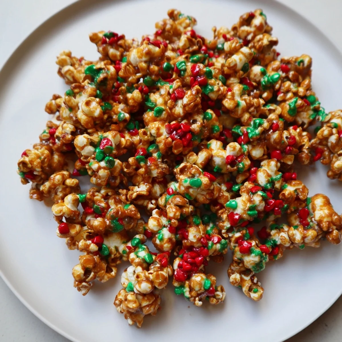 Golden, sweet popcorn piles speckled with bright red and green sprinkles, a festive dessert.