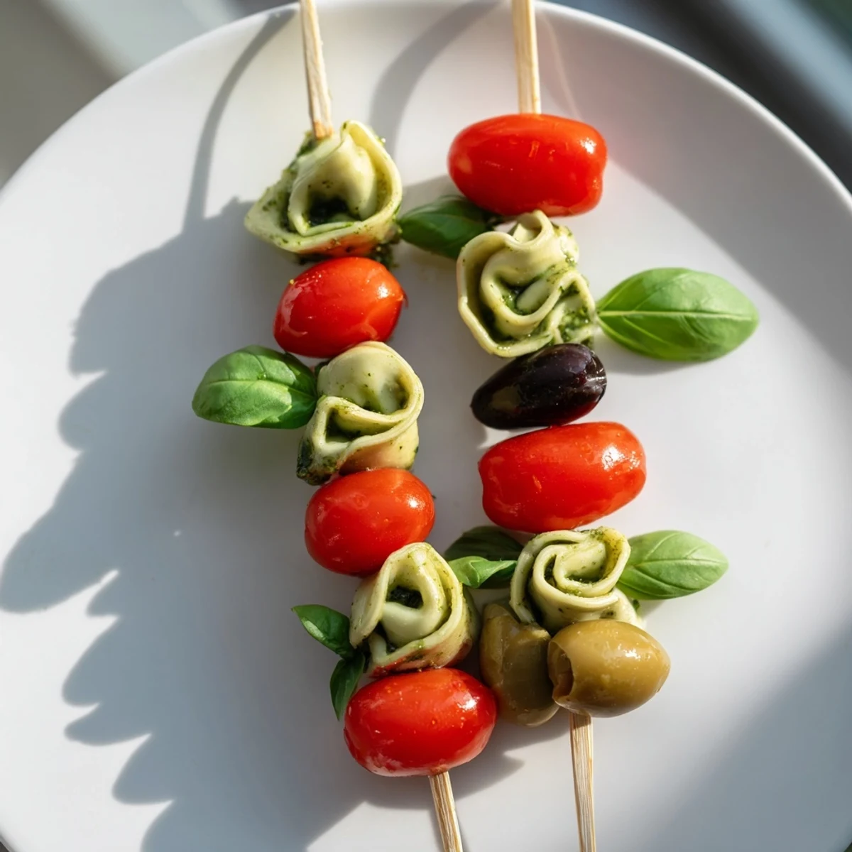 Picture these Italian-inspired Appetizer Skewers: cheese tortellini, olives, and pesto, perfect for gatherings.