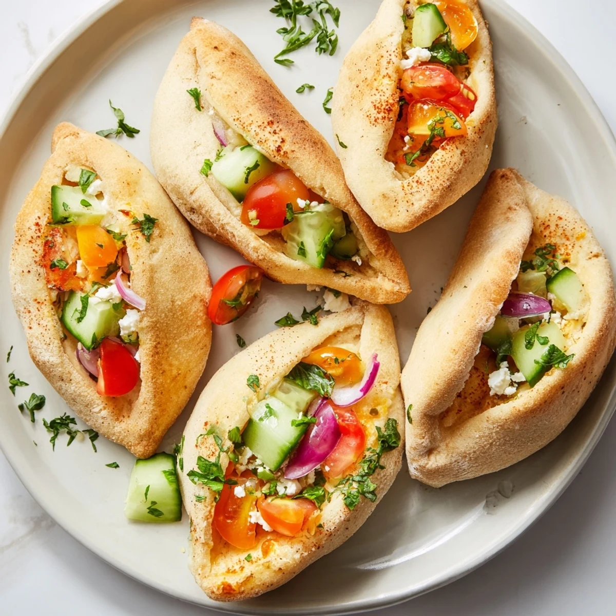 Warm mini pita pockets and vibrant hummus bowls make up this delicious savory board appetizer.