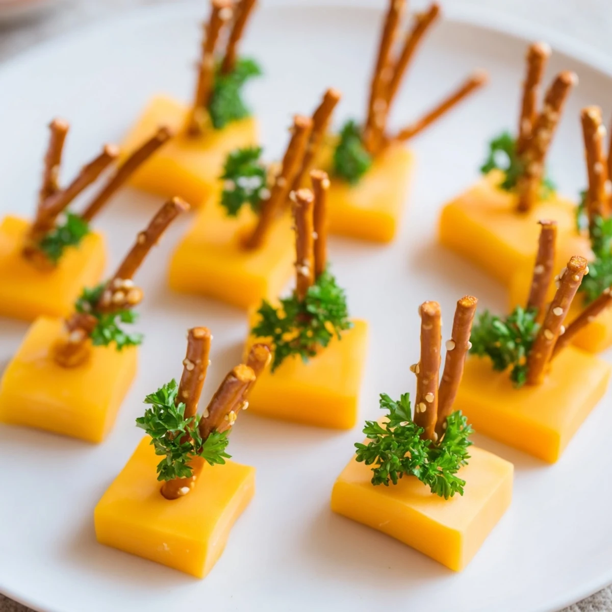 Festive photo: Cheddar Cubes and Pretzel Stick Sparklers arranged on a platter, ready to serve and enjoy.