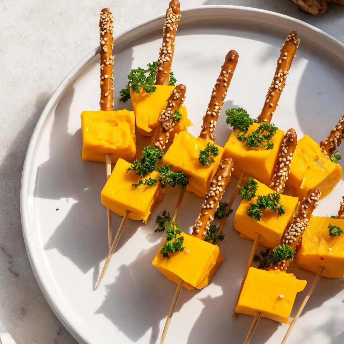 Serve immediately! These Cheddar Cubes and Pretzel Stick Sparklers are a great, easy appetizer for parties.