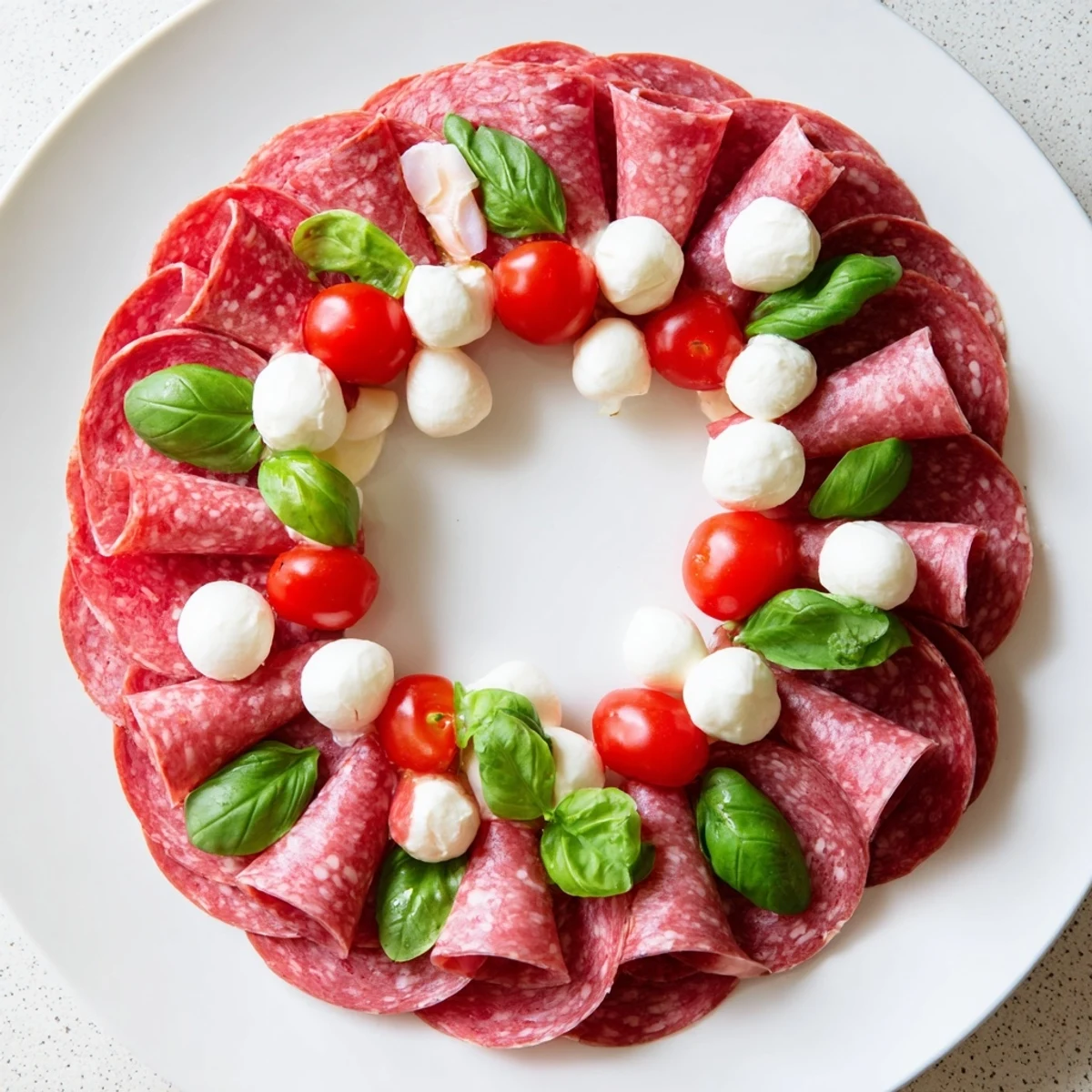 Elegant folded salami wreath appetizer with vibrant, fresh garnishes for a delicious charcuterie board.