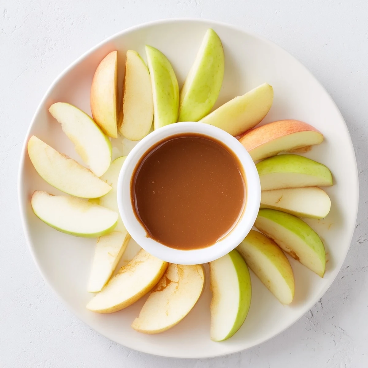 Golden-brown Apple Slices with Caramel Dip served on a platter, showcasing rich, creamy caramel center.