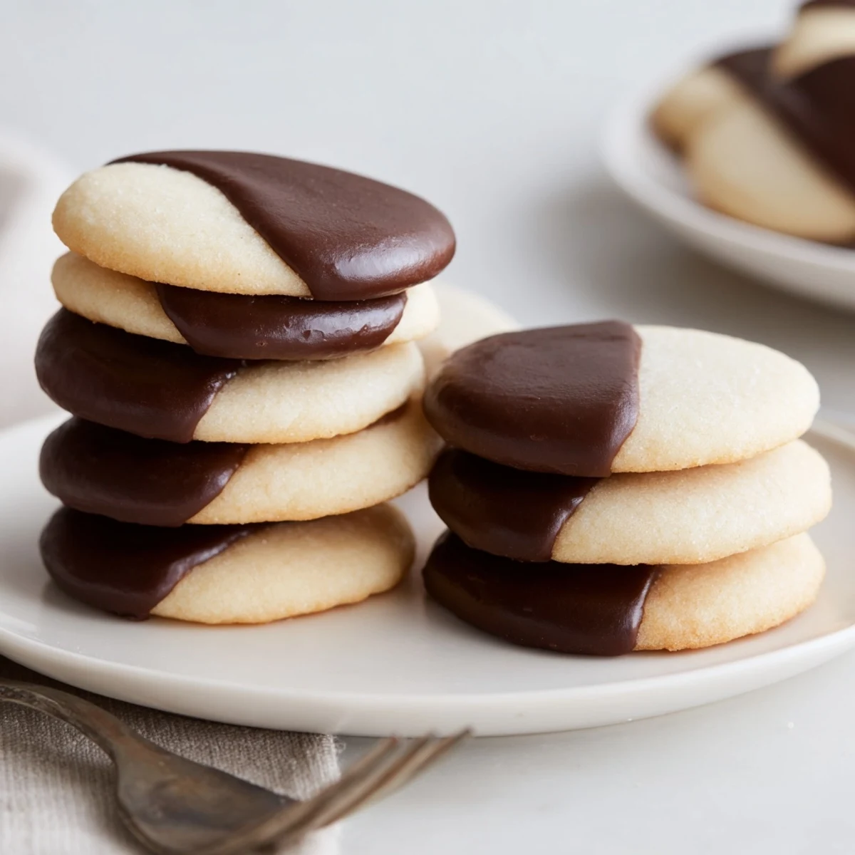 A close-up of delicious simple cookies: vanilla wafers, ready to eat with rich semi-sweet chocolate.