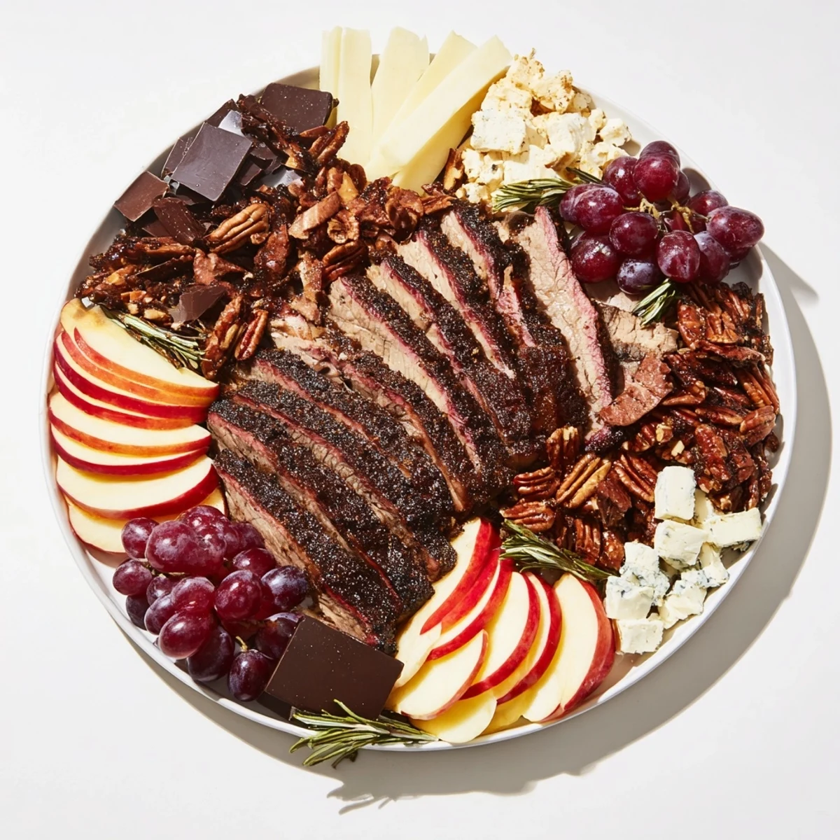 A beautiful arrangement of Smoky BBQ & Bourbon Companion meats, cheeses, and decadent dark chocolate.