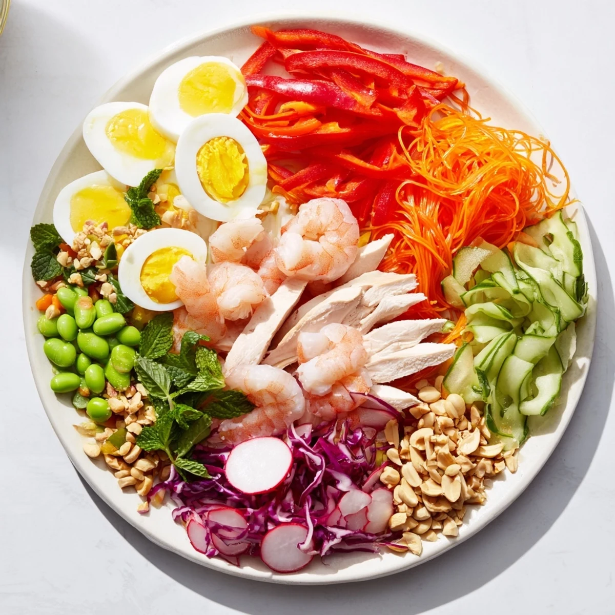 A delicious Asian Fusion Noodle Bowl Board, featuring shrimp, chicken, and fresh herbs arranged beautifully on a platter.