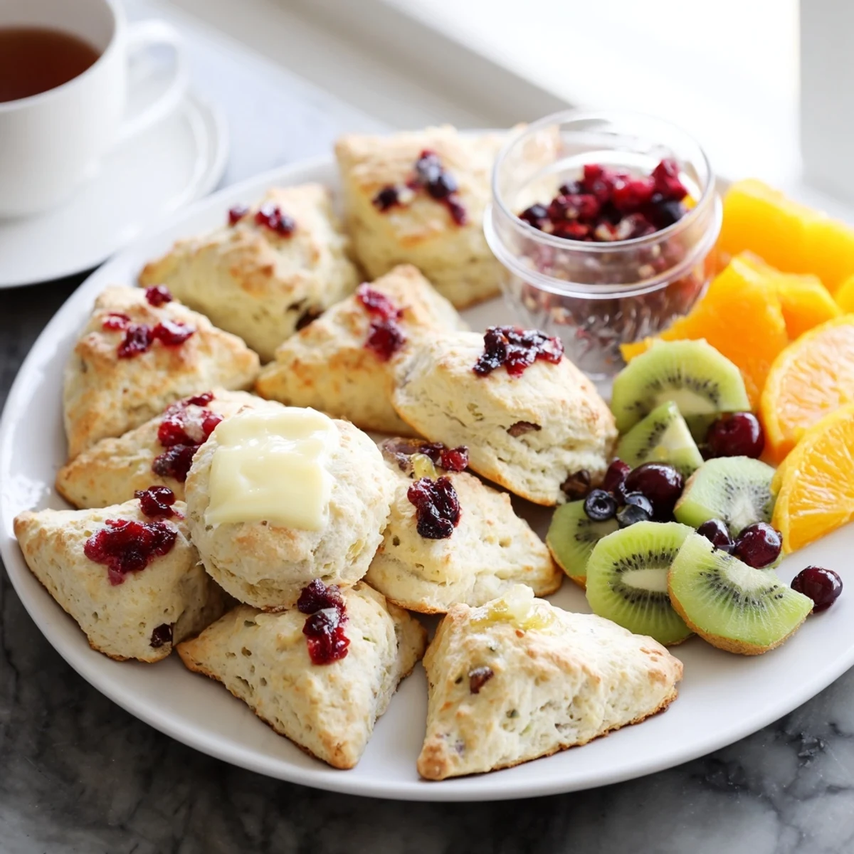 A Breakfast Brunch Board Bliss scene with fluffy mini pancakes and fresh fruit arranged beautifully.