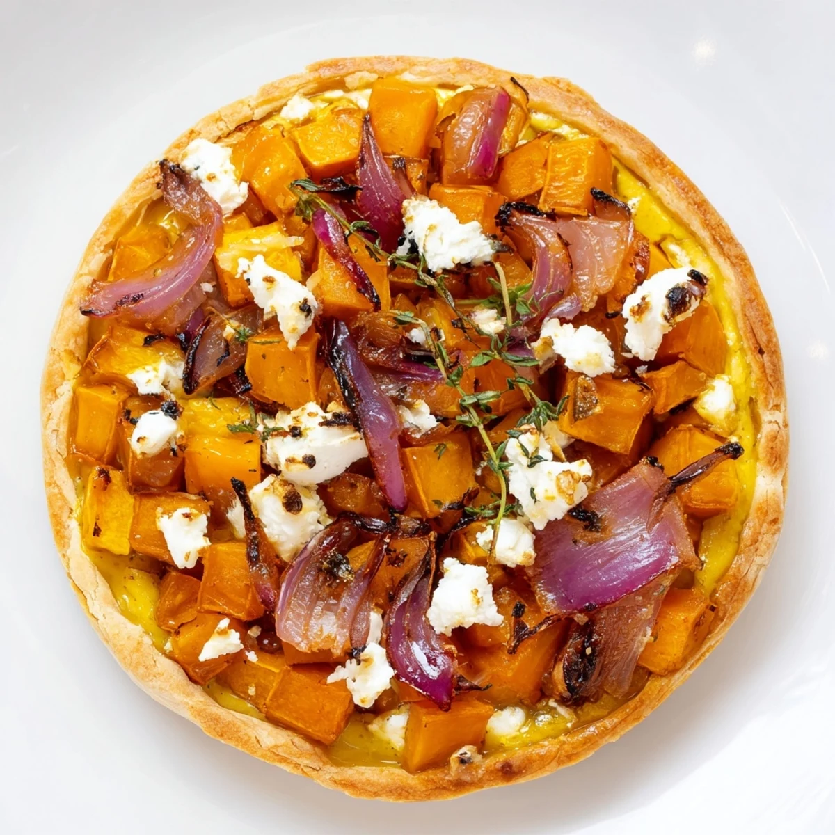 A close-up of a warm Feuilles d'Érable Tartes Salées d'Automne slice, with visible goat cheese and thyme.