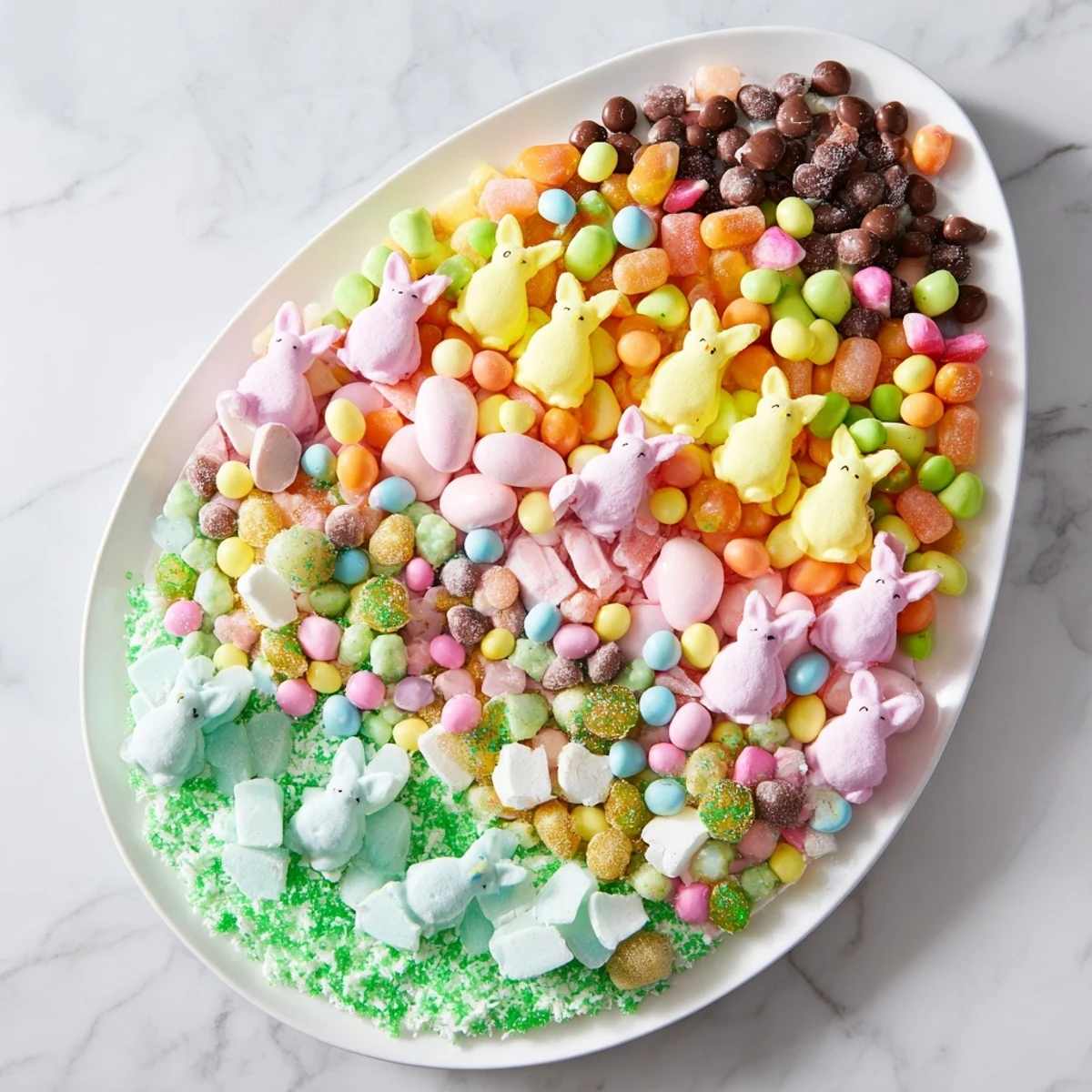 A colorful Egg-Shaped Candy Platter filled with assorted sweets, ready for a festive Easter celebration.