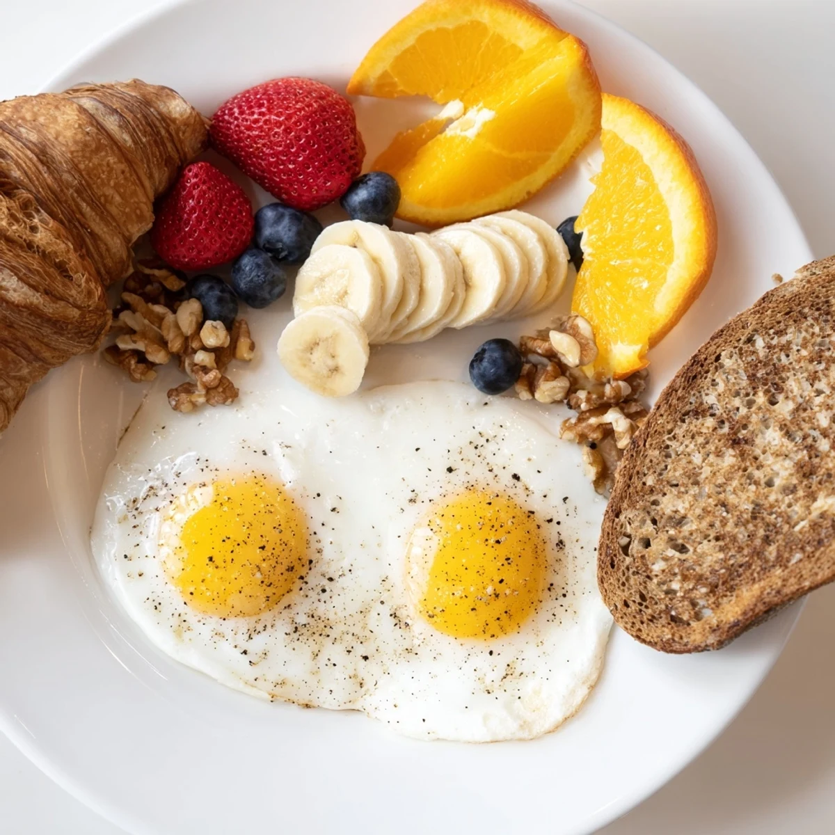 Colorful Soleil Matinal Breakfast Platter with fresh fruit, toasted bread, and sunny-side-up eggs.