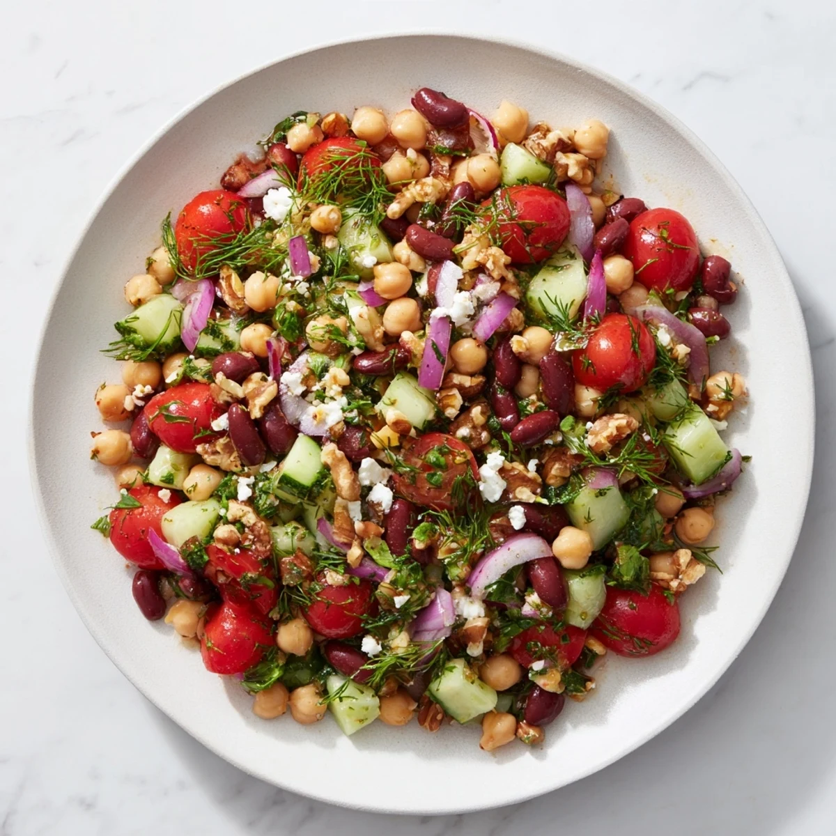Vibrant Dense Bean Salad, piled high with colorful veggies and drizzled with Sleepy Girl Mocktail dressing.