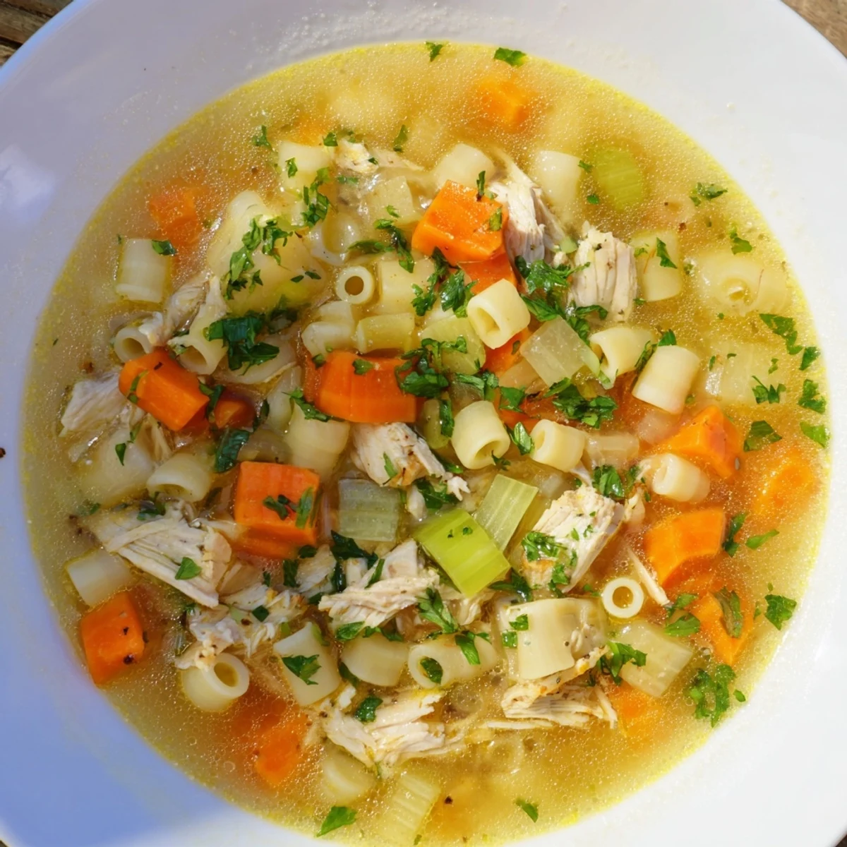 A steaming bowl of Chicken and Ditalini Flu Fighter Soup, garnished with fresh parsley.