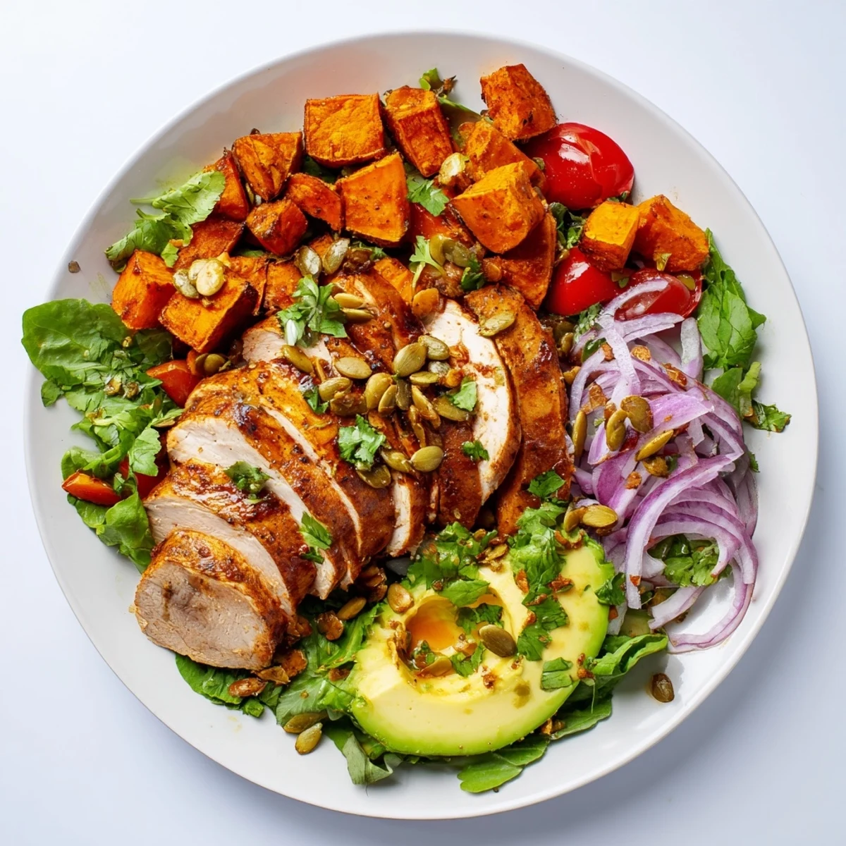 Enjoy a healthy Avocado and Sweet Potato Chicken Bowl with vibrant greens and fresh lime wedges.