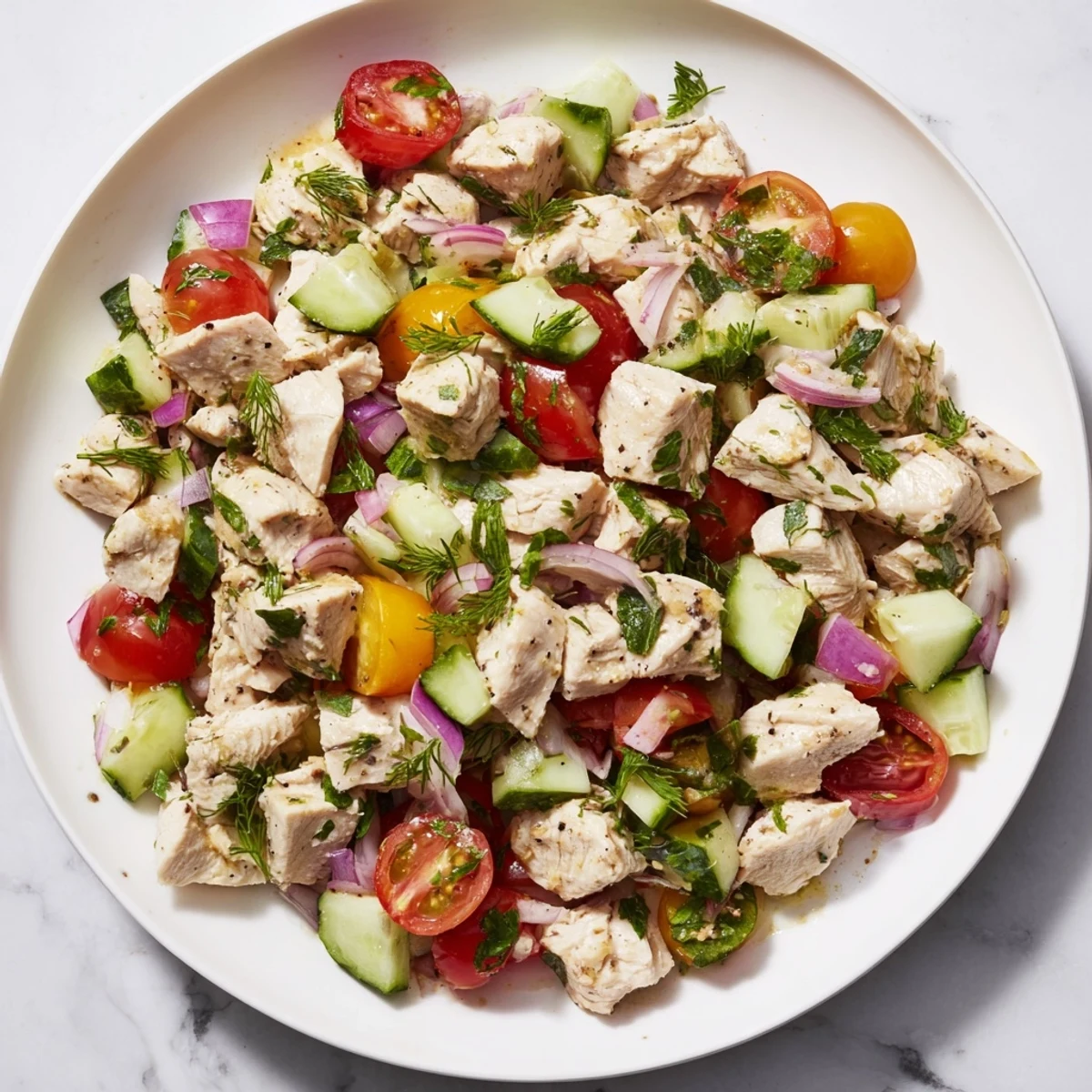 Close-up of the cucumber and chicken clean shaker, showcasing fresh herbs and colorful veggies.