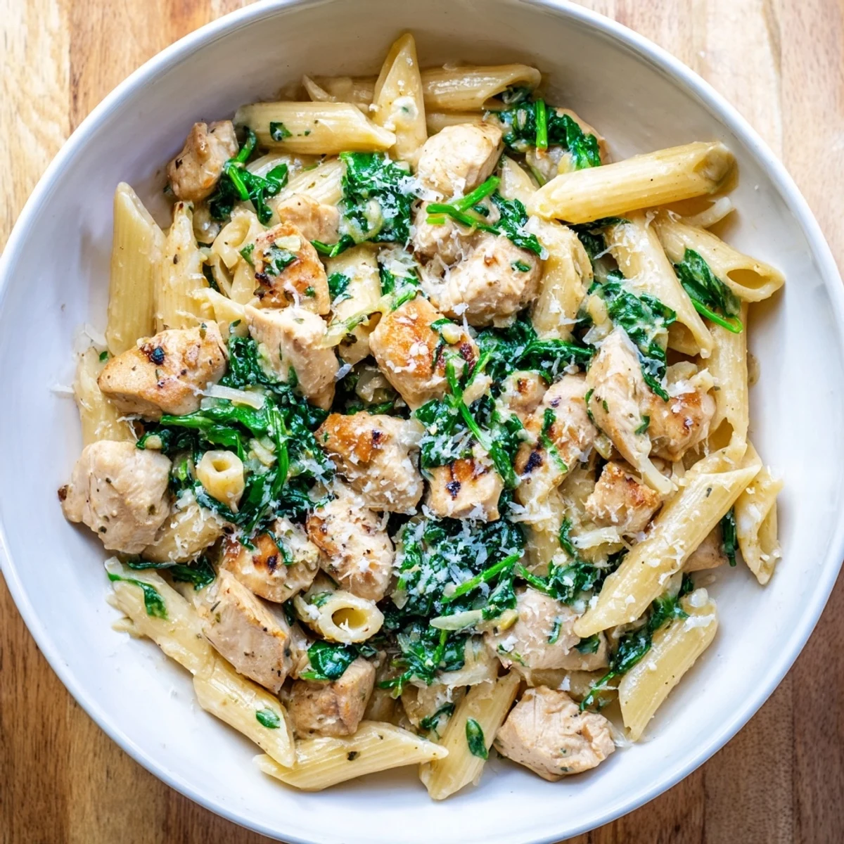 A steaming bowl of One-Pot Spinach and Chicken Pasta, brimming with fresh, green spinach and pasta.