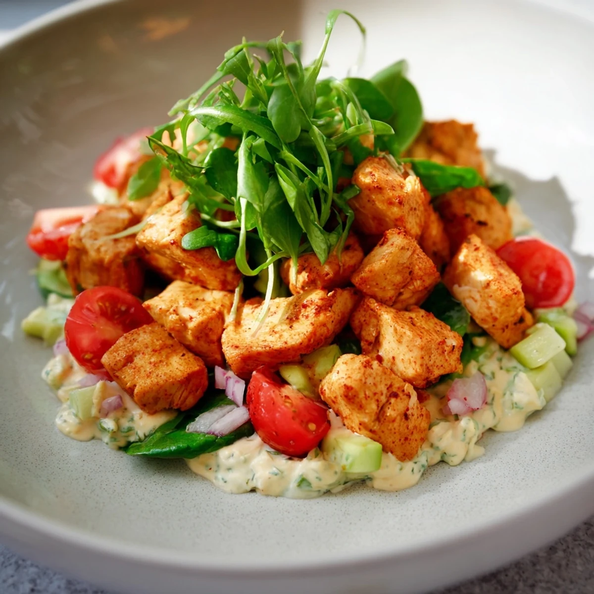 High-Protein Chicken and Egg Salad, a vibrant mix with juicy chicken and creamy eggs.