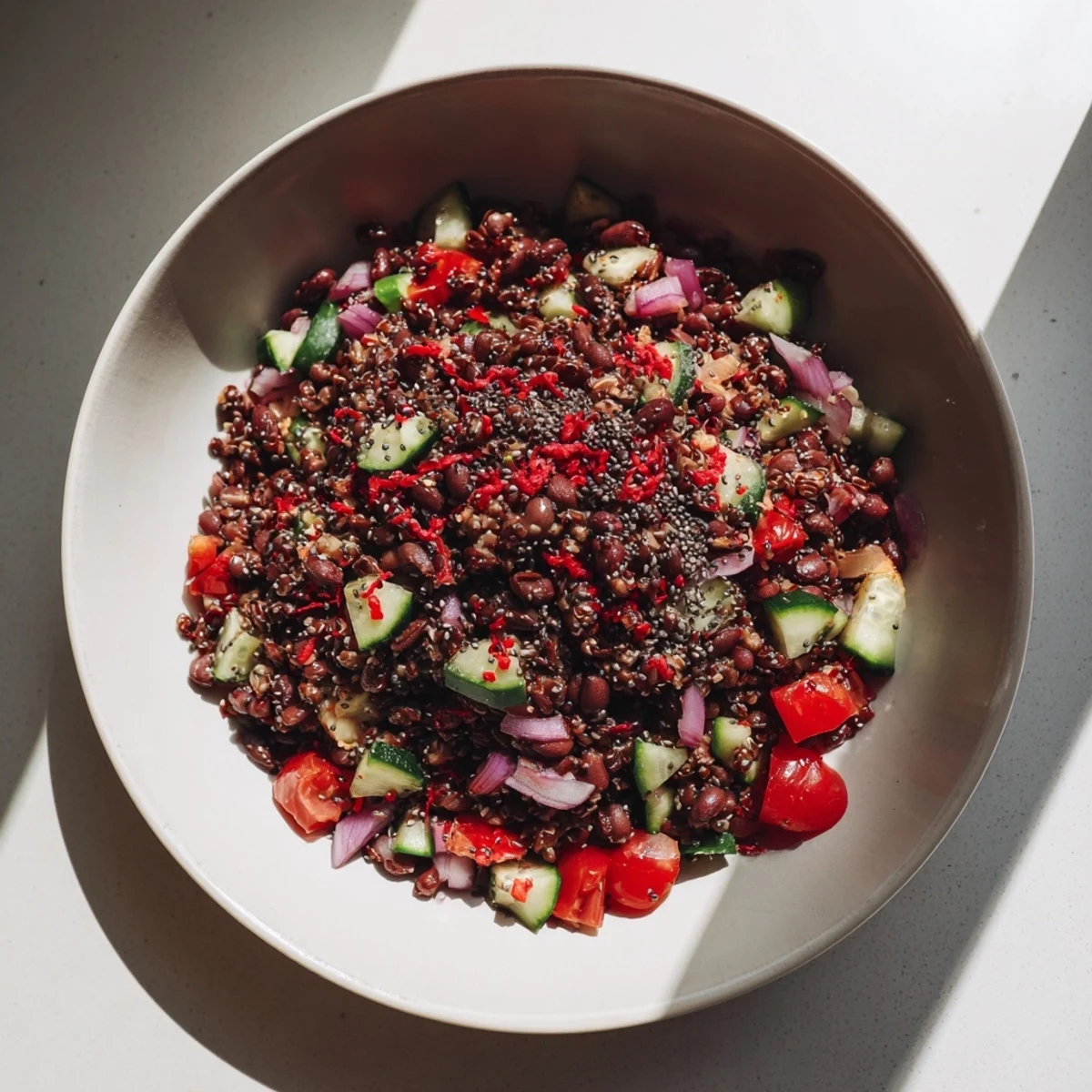 Vibrant Dense Bean Salad, bursting with fresh veggies and wellness seeds, ready to serve.