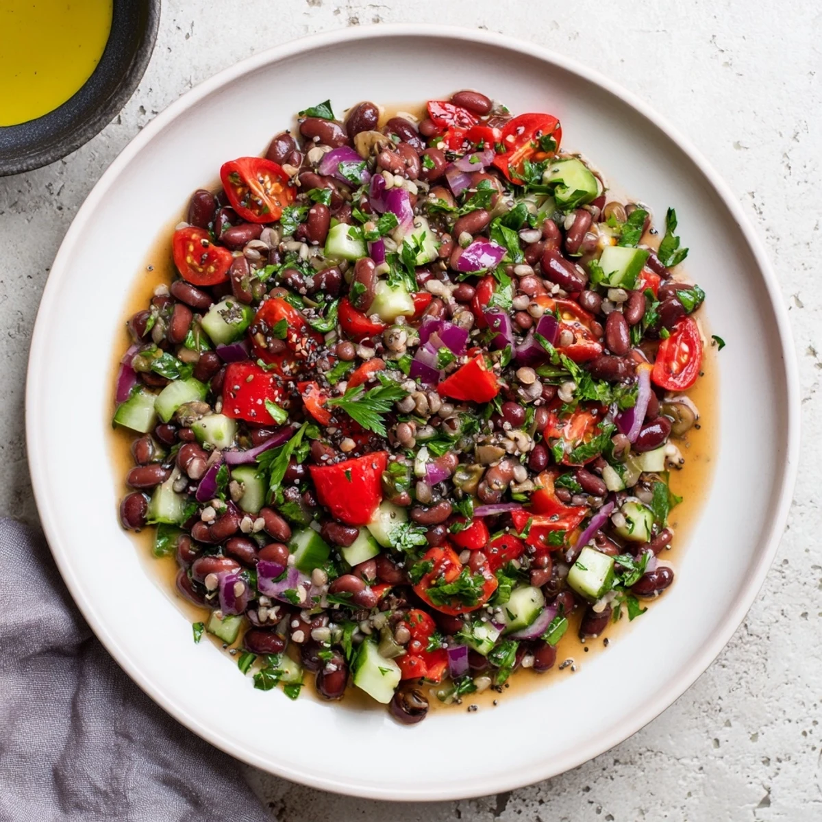 A colorful close-up of the hearty Dense Bean Salad, perfect for a healthy and satisfying lunch.