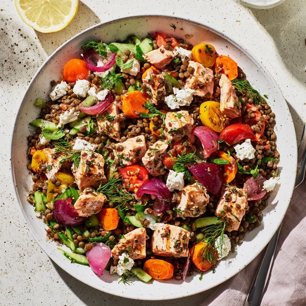 Chicken and Lentil Recession Salad bursting with colors: tomatoes, cucumbers, and a zesty dressing.