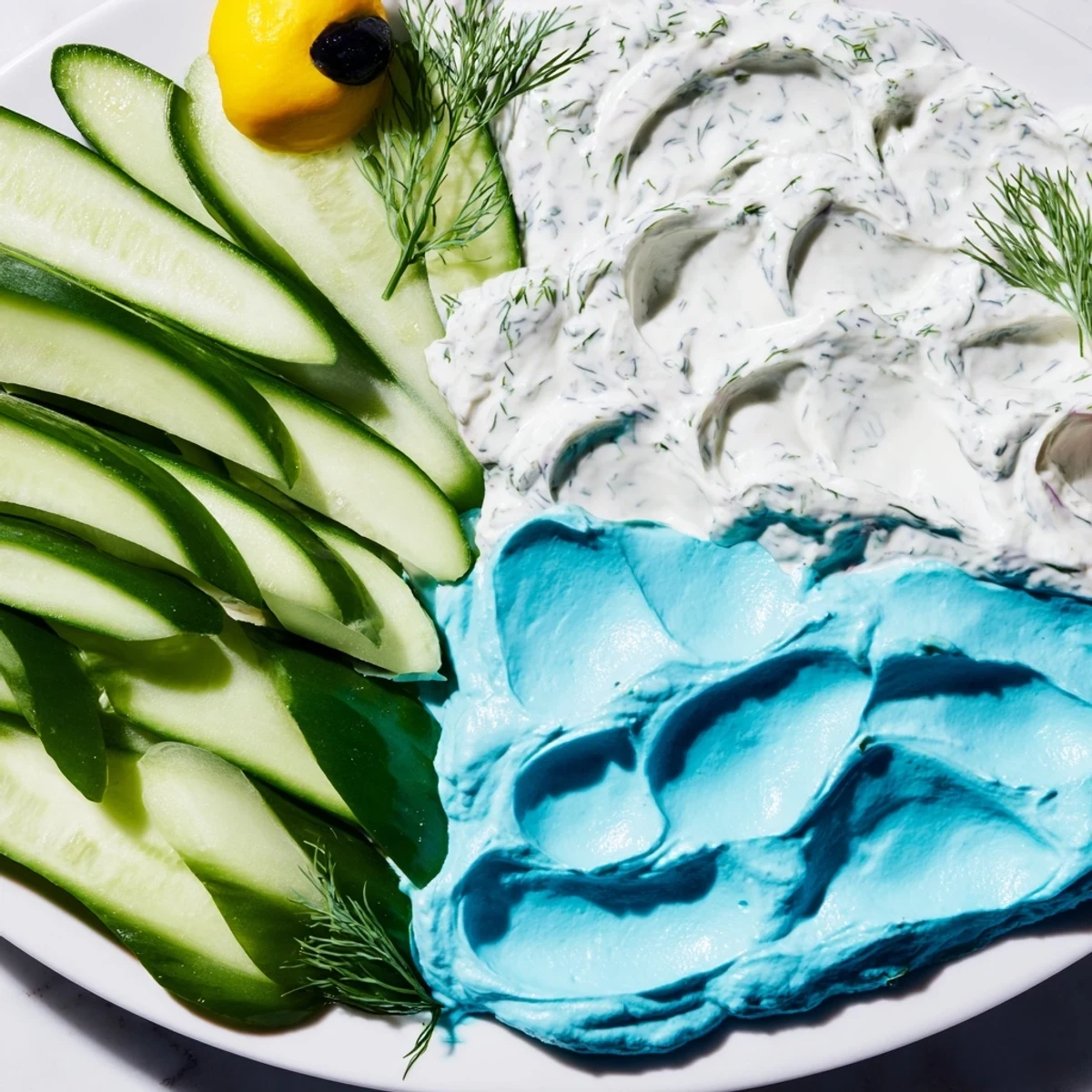 Ocean Blue Fish-Shaped Dip Tray: Vibrant veggie-filled platter with creamy dips, artistically arranged in a fun fish shape.