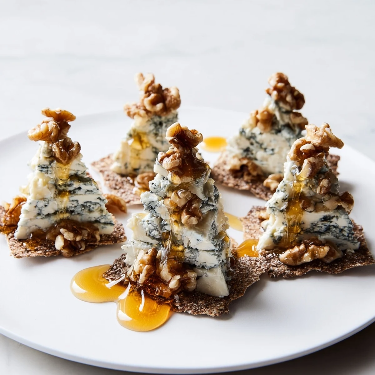 A vibrant The Blue Ridge Mountain cheese platter with honey-drizzled blue cheeses and crackers.