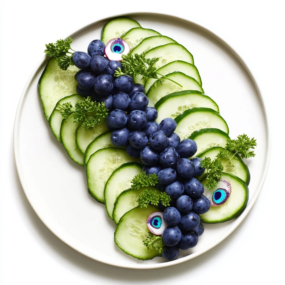A vibrant Peacock Tail appetizer, boasting beautiful cucumber and grape arrangement, ready to enjoy.