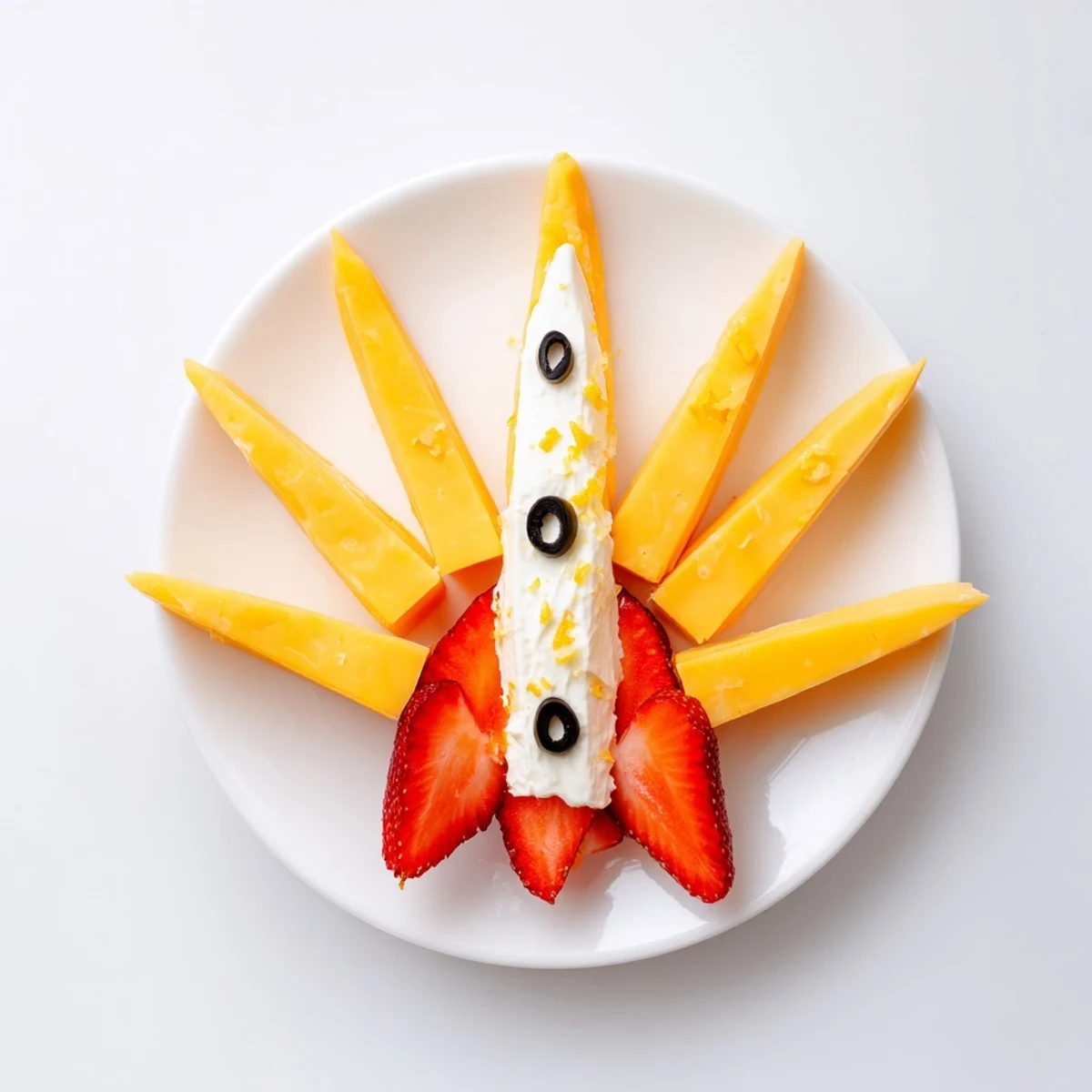A vibrant Retro Rocket snack platter: cheddar cheese rocket with fiery strawberry flames, ready to enjoy.