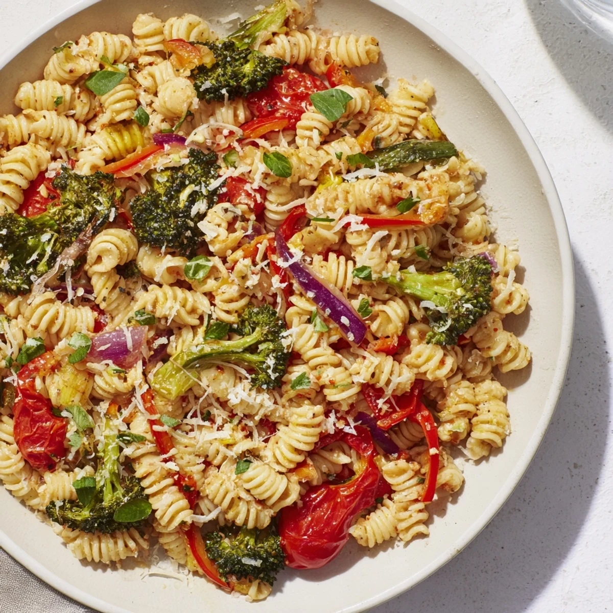 Air-fried ditalini with vibrant vegetables, a vegetarian pasta dish with Parmesan, is ready to serve.