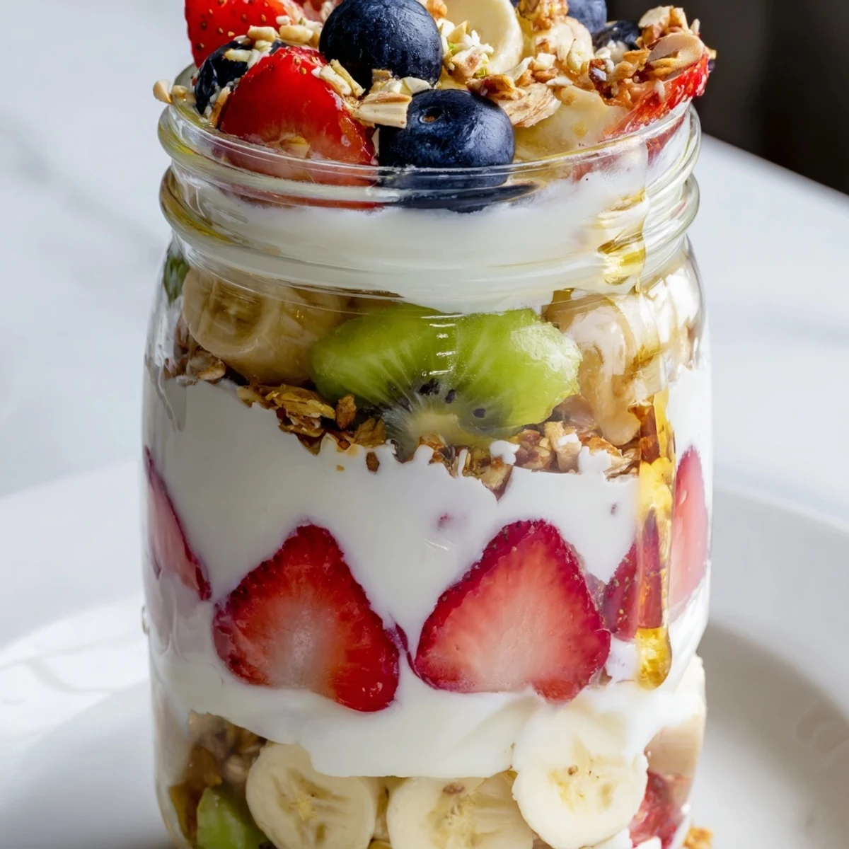 Creamy layered yogurt fruit parfait with vibrant berries and crunchy granola, a tasty breakfast treat.