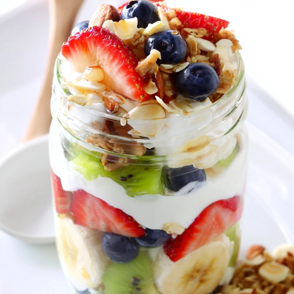 Freshly made layered yogurt fruit parfait shows the colorful fruit and creamy yogurt layers, perfect for your morning.