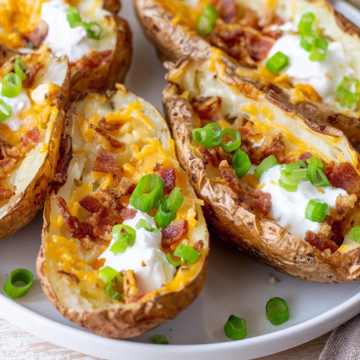 Golden, cheesy Loaded Baked Potato Skins with crumbled bacon and fresh green onions, ready to eat.