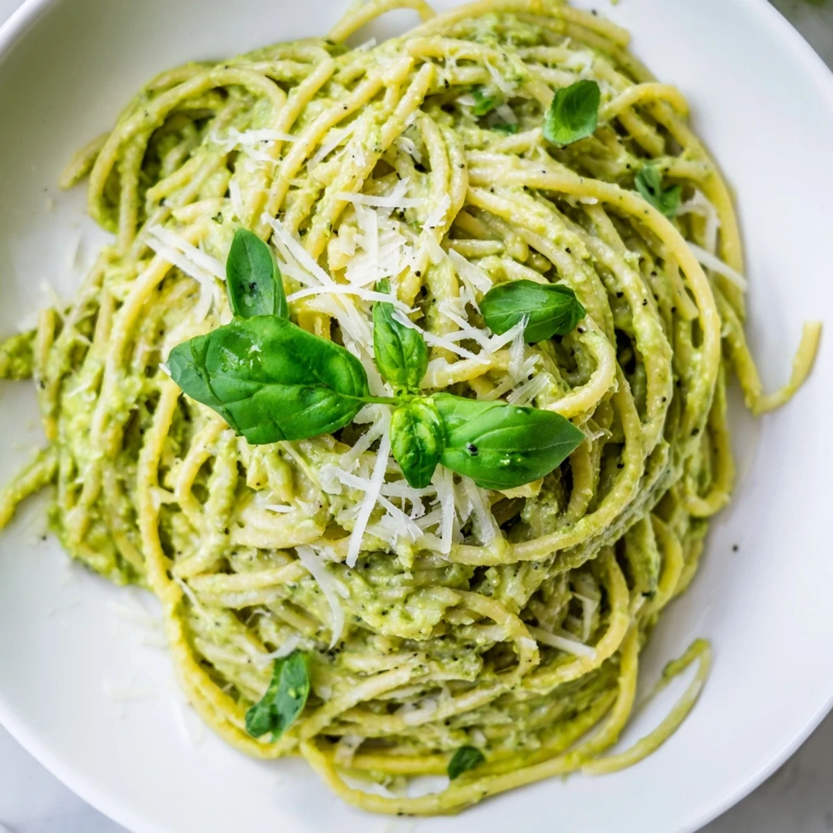 Lemony creamy avocado pasta with spaghetti, a bright and flavorful vegetarian meal served on a plate.