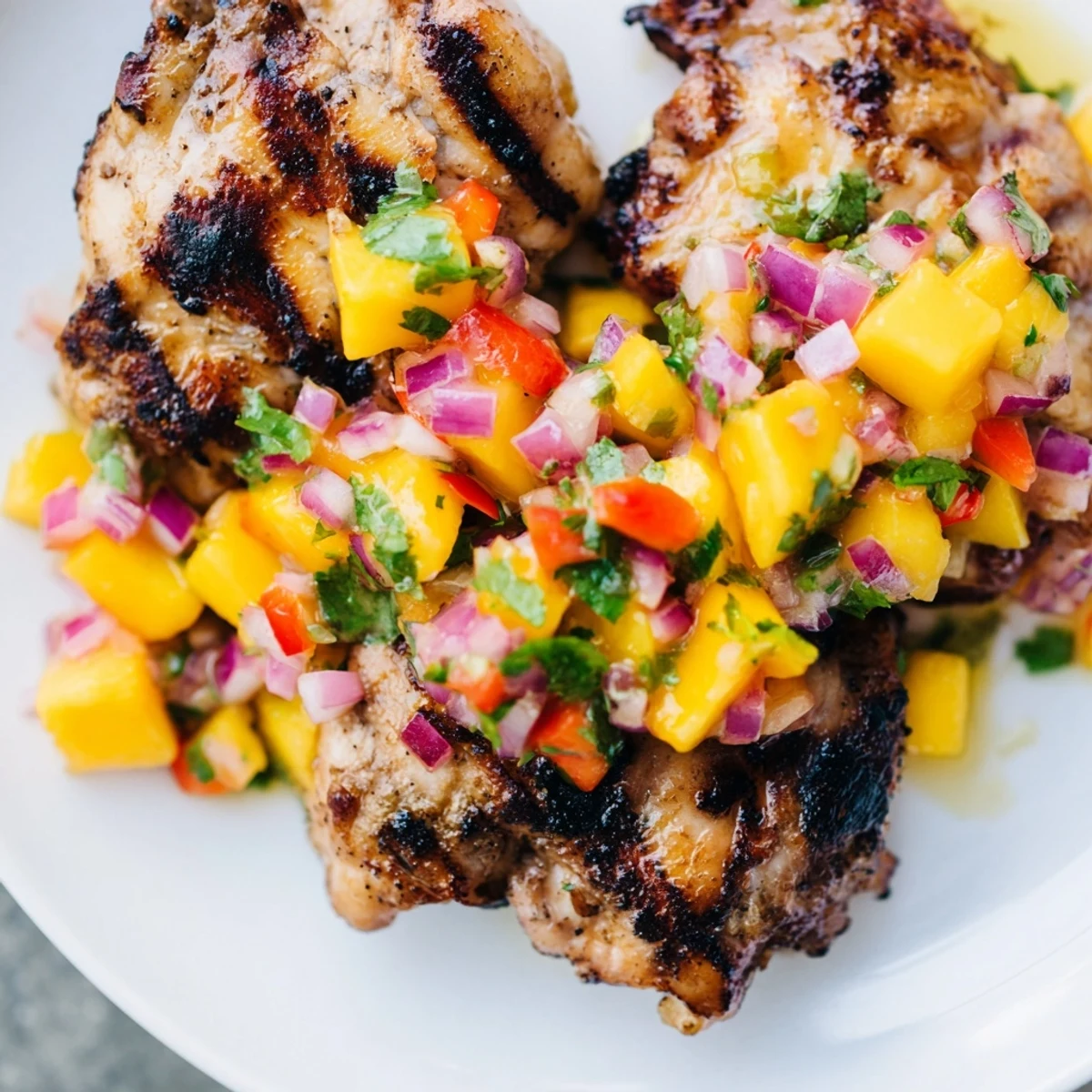 Grilled mango salsa chicken with colorful, vibrant salsa, a perfect summer dish.