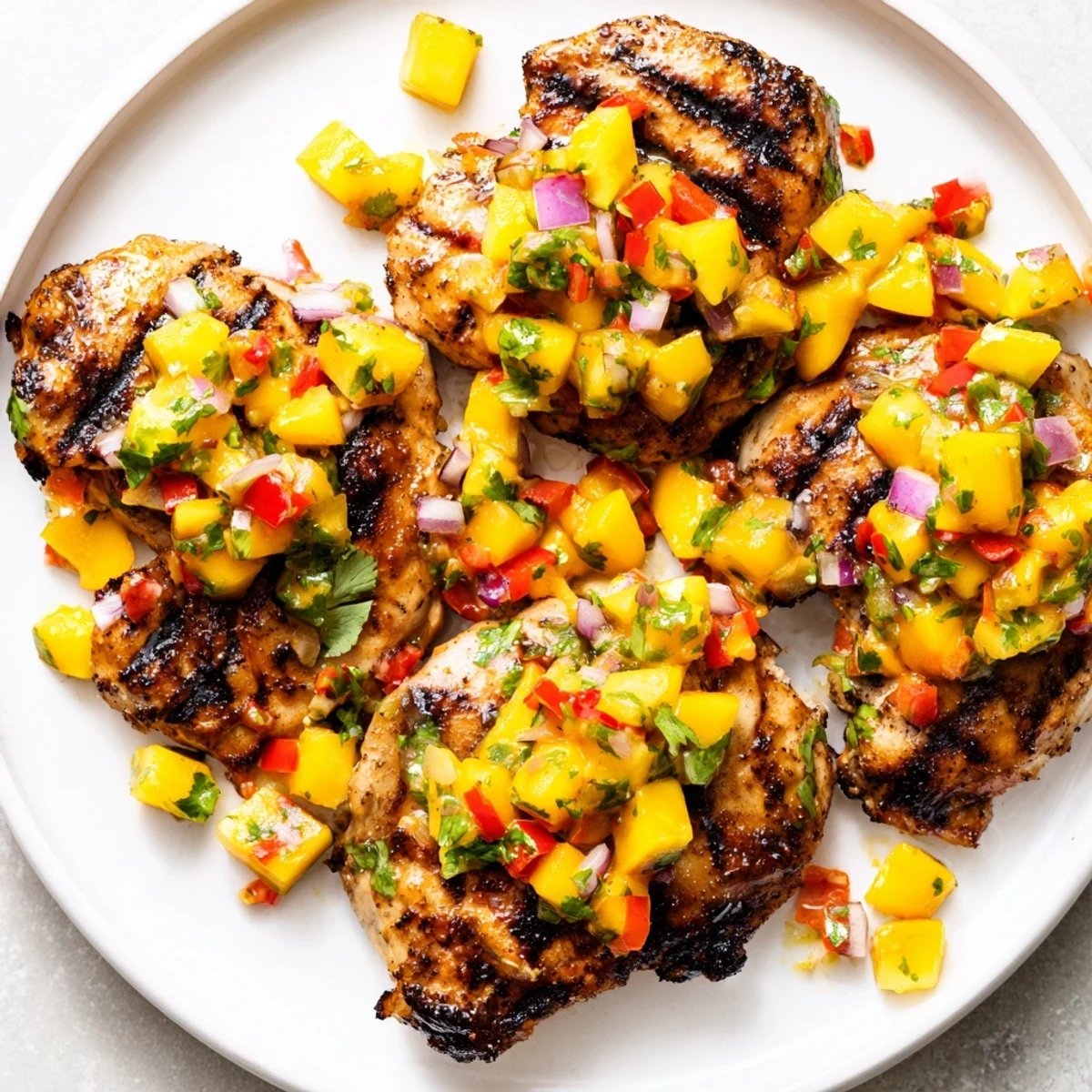 Freshly grilled mango salsa chicken, juicy chicken with sweet and spicy tropical salsa.